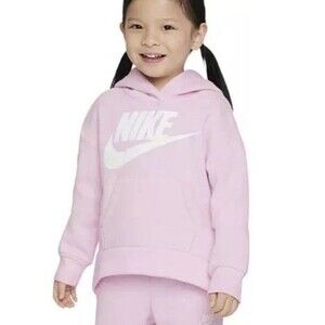 Nike Club Fleece Logo Print Hoodie Pullover Sweatshirt Girls size M 5-6Yrs Pink